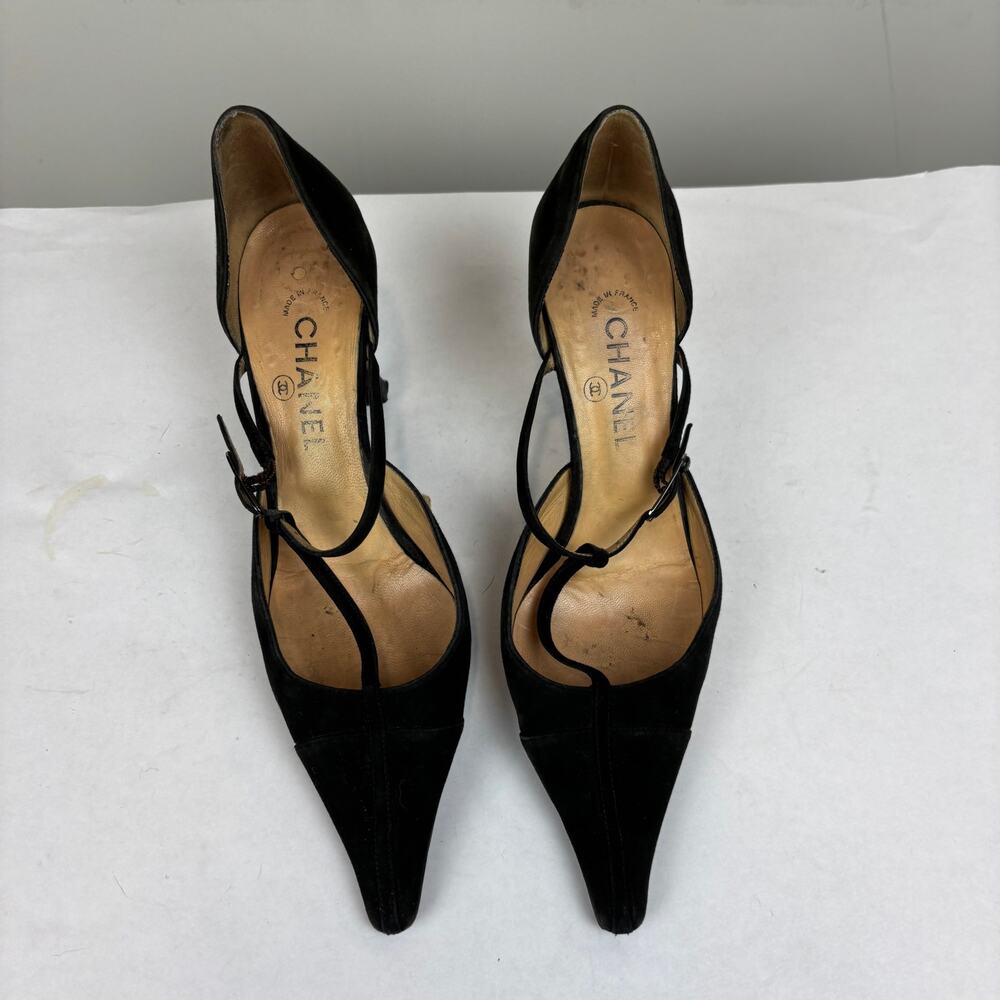 Vintage Chanel Suede Strappy Pointed Toe Kitten Heels Women's 39 - Picture 6 of 14